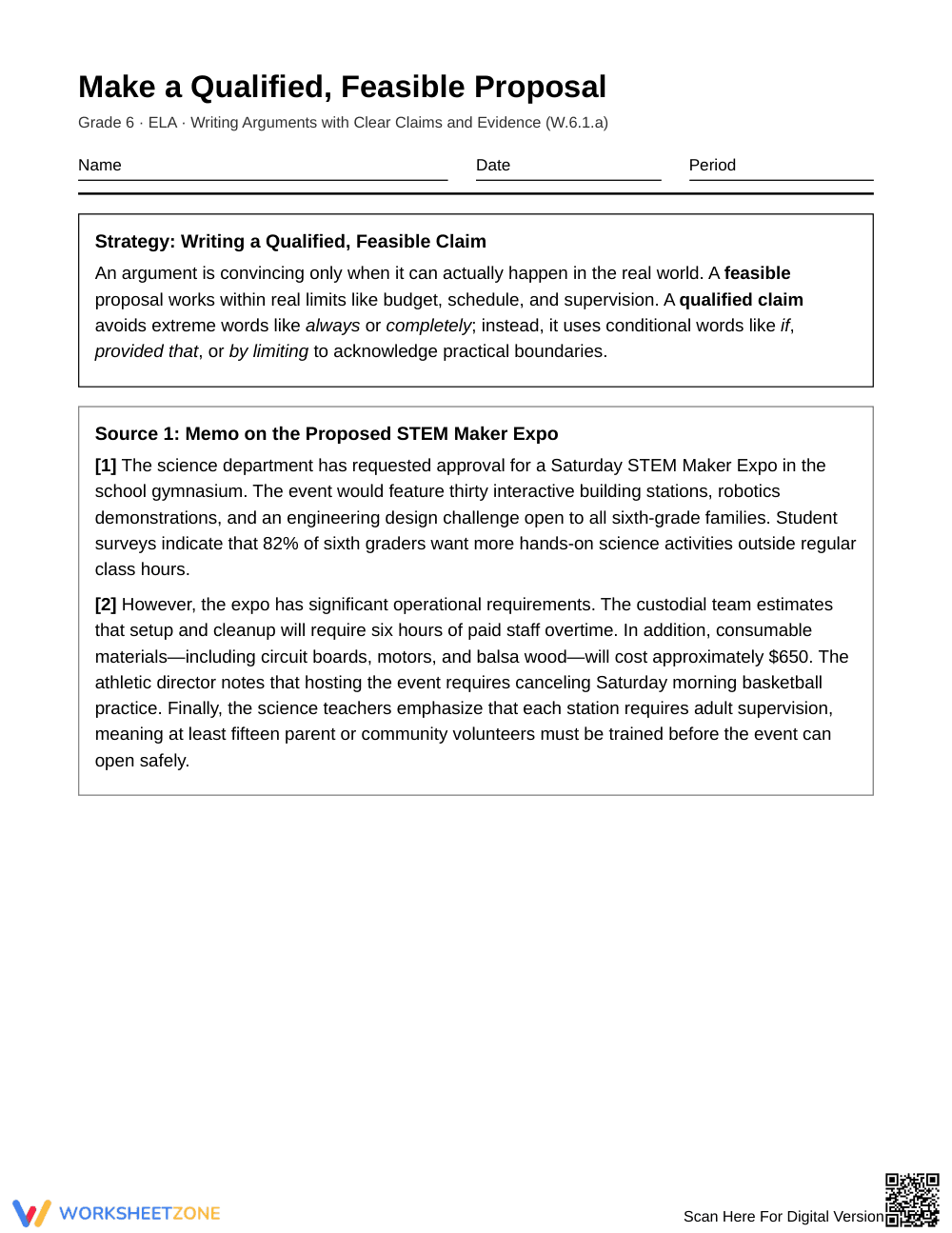 Complete Qualified Proposals Worksheet | Grade 6 ELA - Page 1