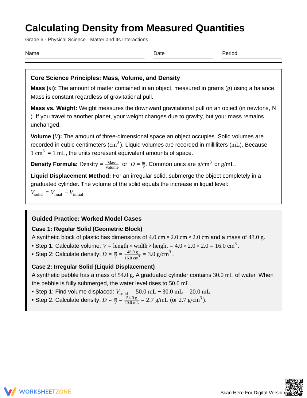 Complete Density Calculation Worksheet | Grade 6 Science - Page 1