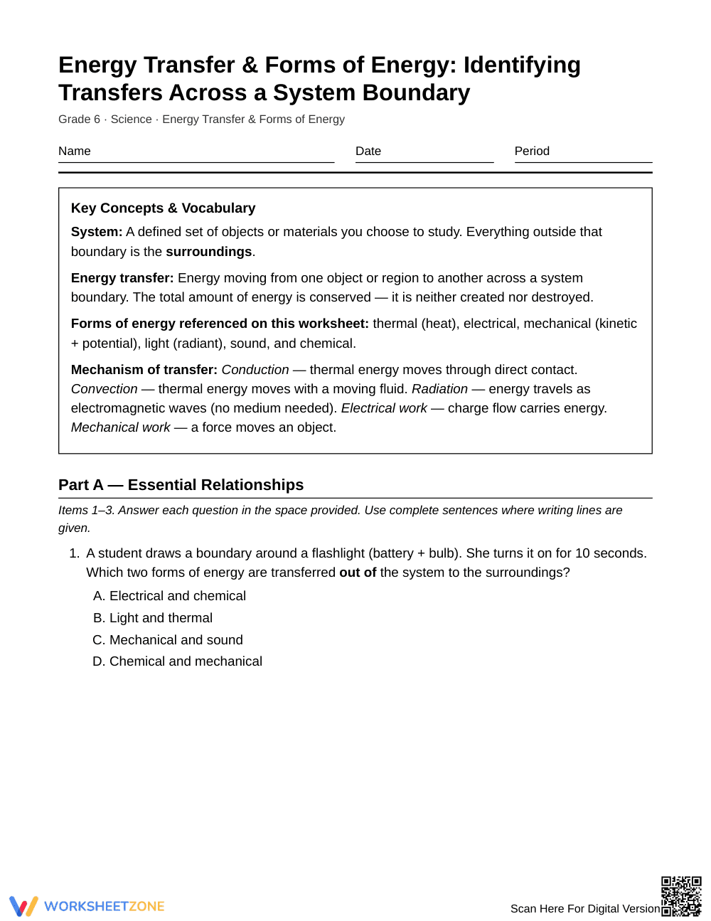 Essential System Boundary Energy Worksheet | Grade 6 Science - Page 1