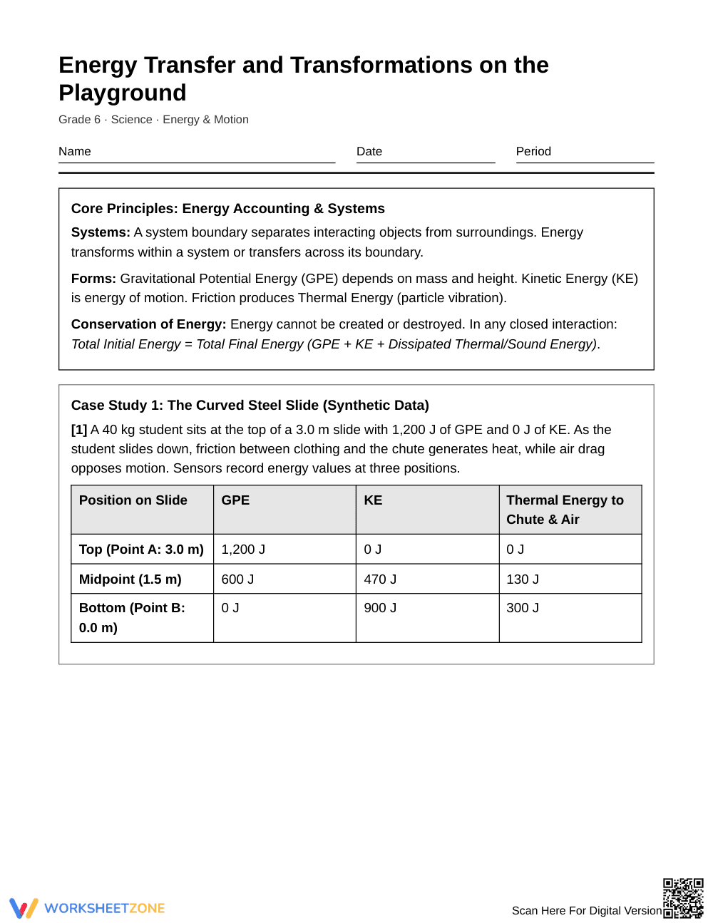 Essential Playground Energy Worksheet | Grade 6 Science - Page 1