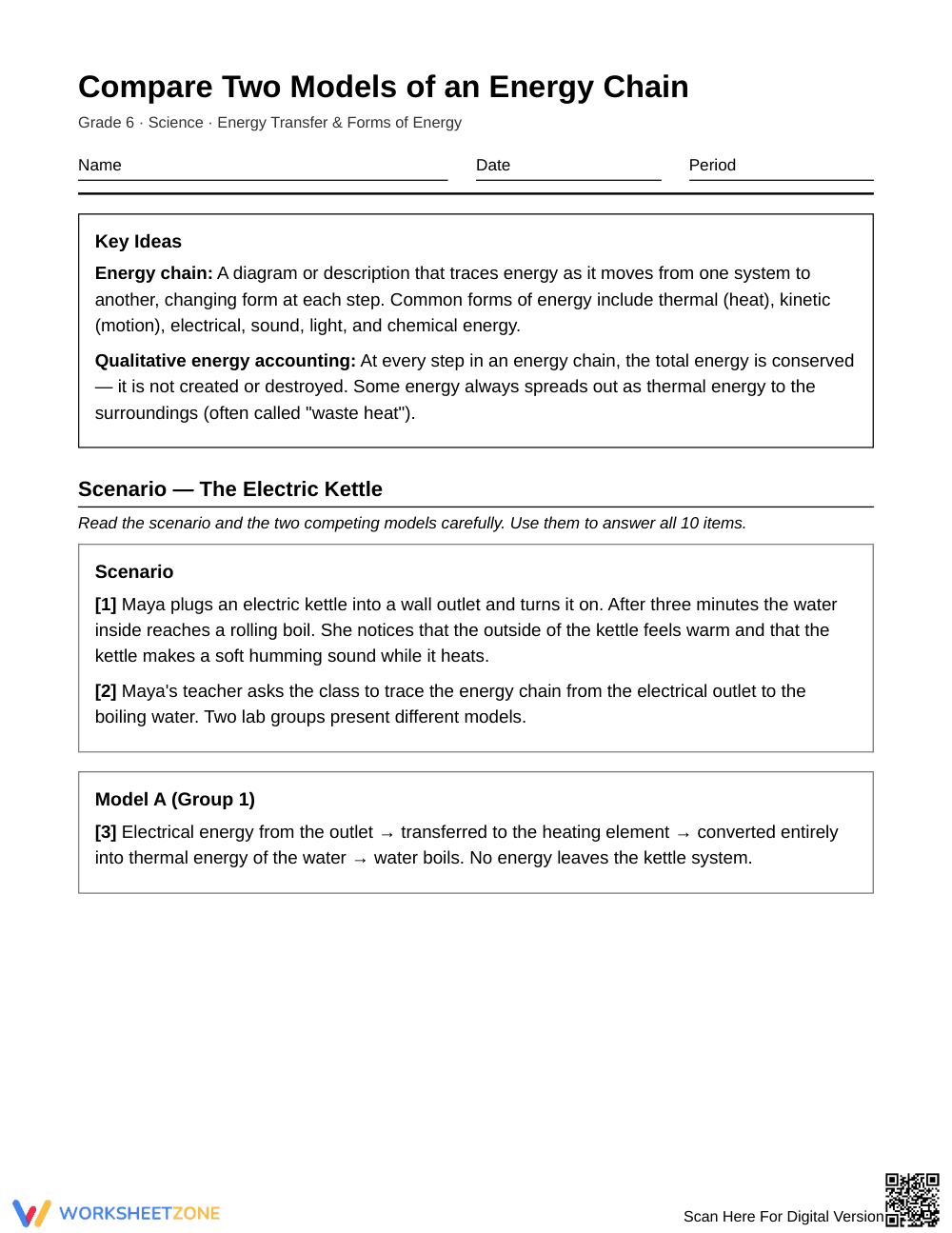 Essential Energy Chain Models Worksheet | Grade 6 Science - Page 1