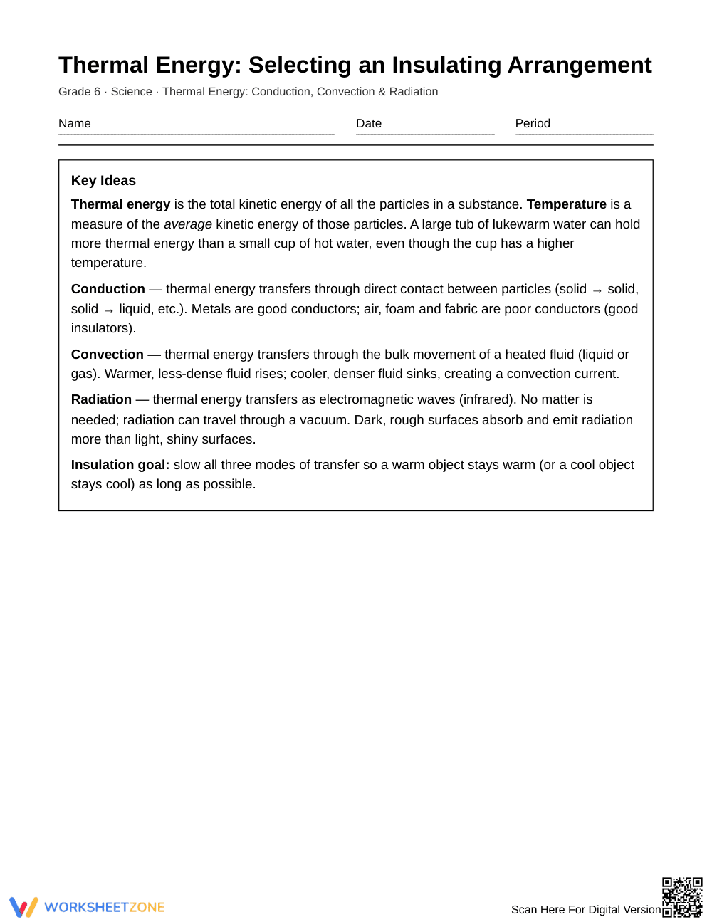 Complete Thermal Insulation Worksheet | Grade 6 Science - Page 1