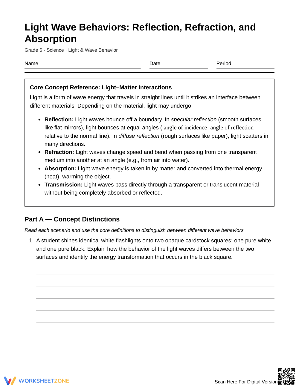 Proven Reflection & Refraction Worksheet | Grade 6 Science - Page 1