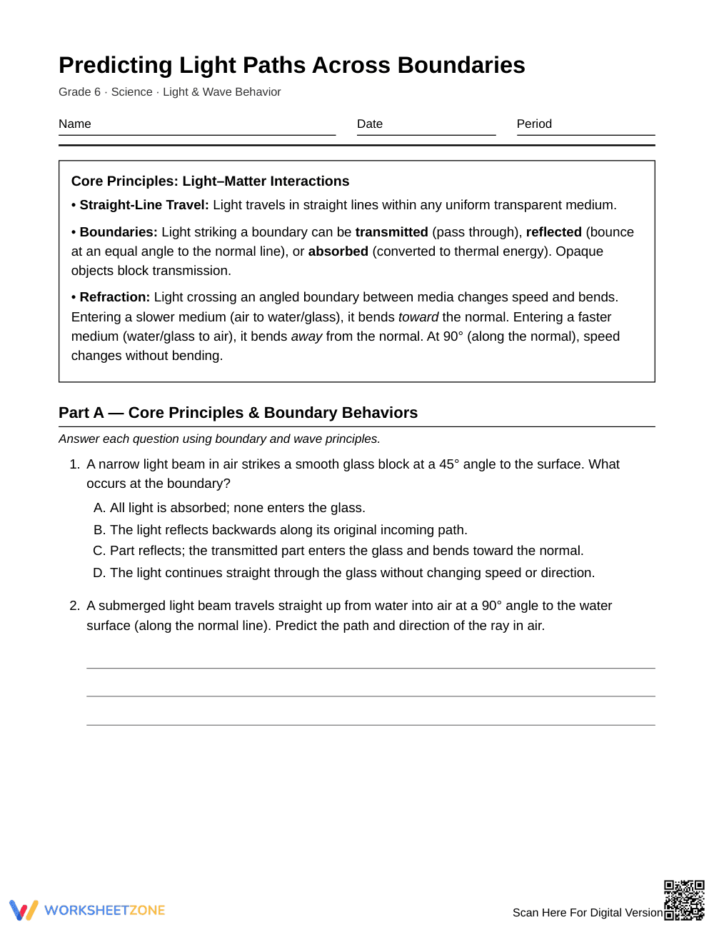 Complete Predicting Light Paths Worksheet | Grade 6 Science - Page 1