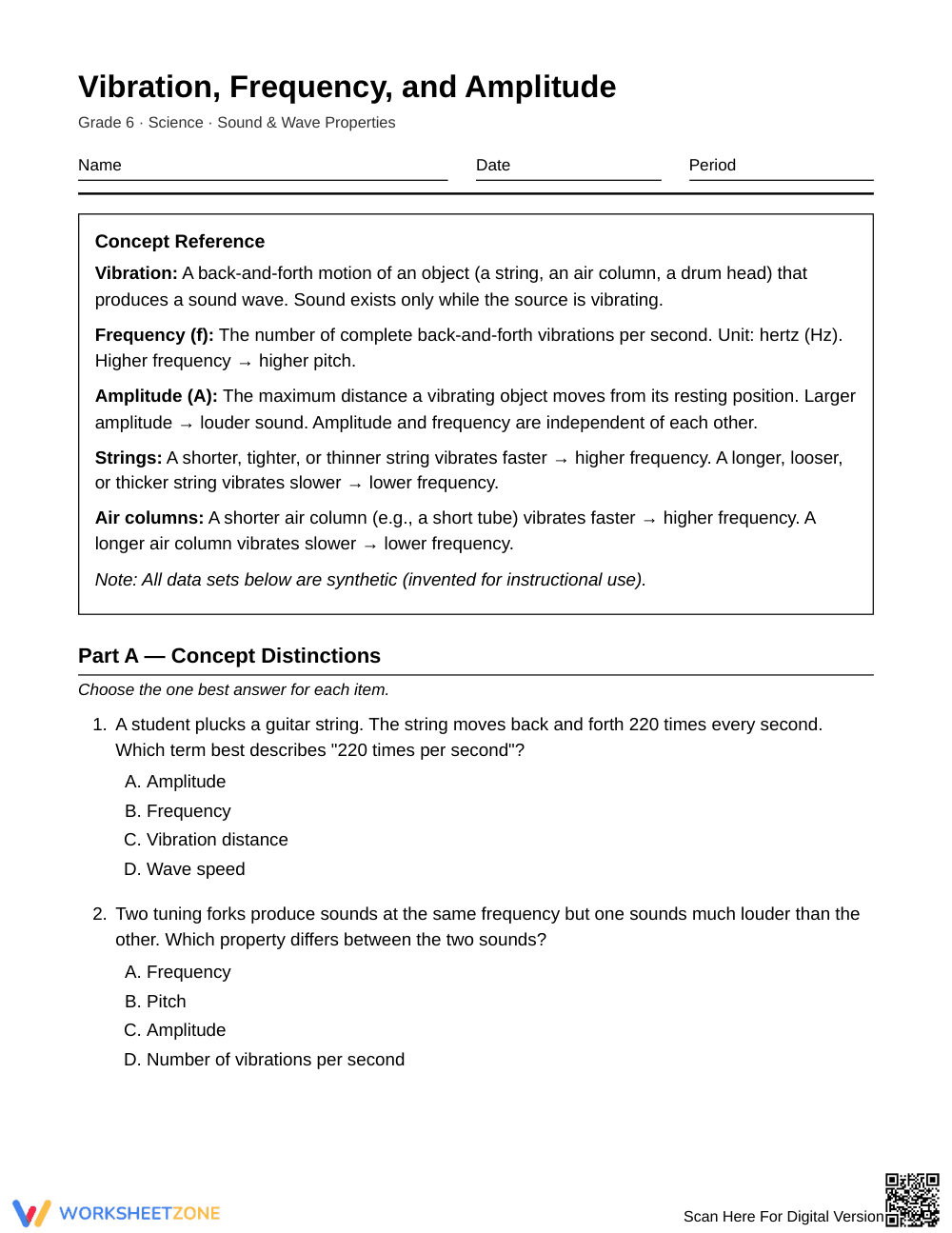 Complete Frequency & Amplitude Worksheet | Grade 6 Science - Page 1
