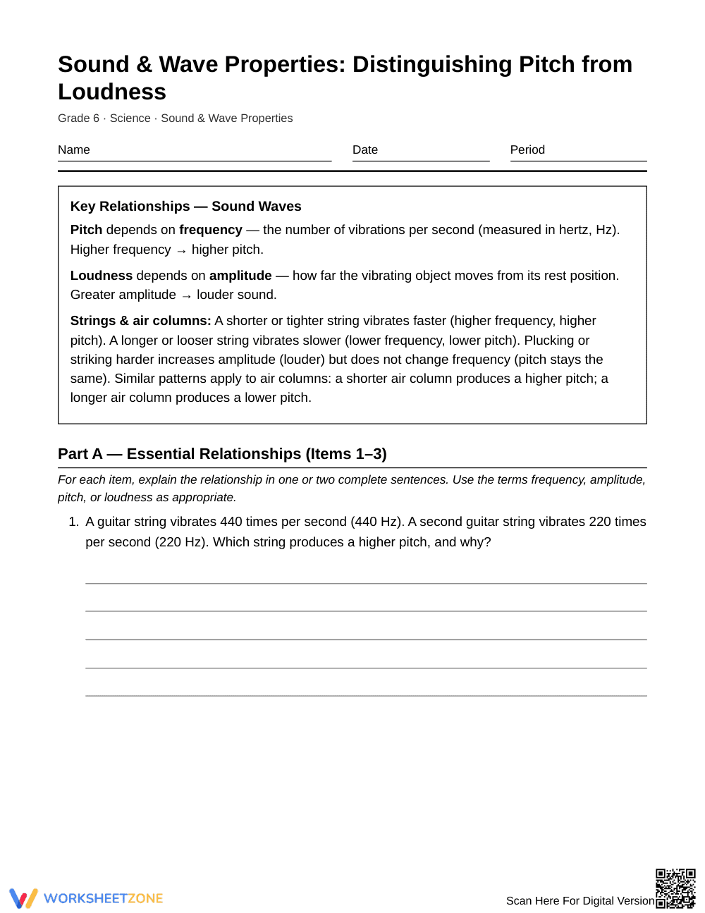 Essential Pitch and Loudness Worksheet | Grade 6 Science - Page 1
