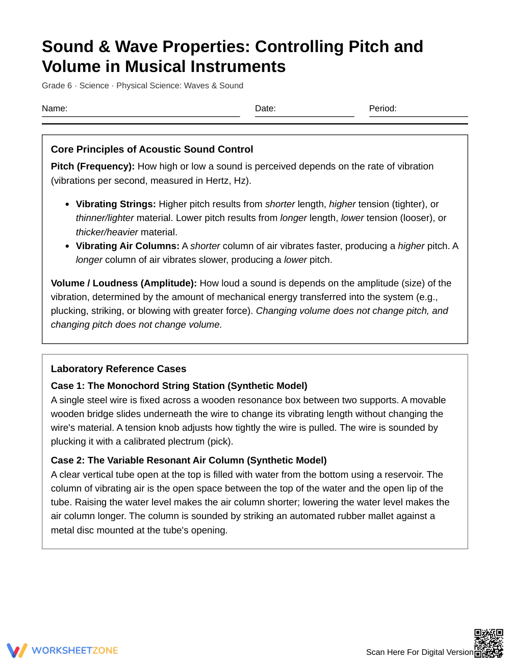 Complete Changing Musical Sound Worksheet | Grade 6 Science - Page 1