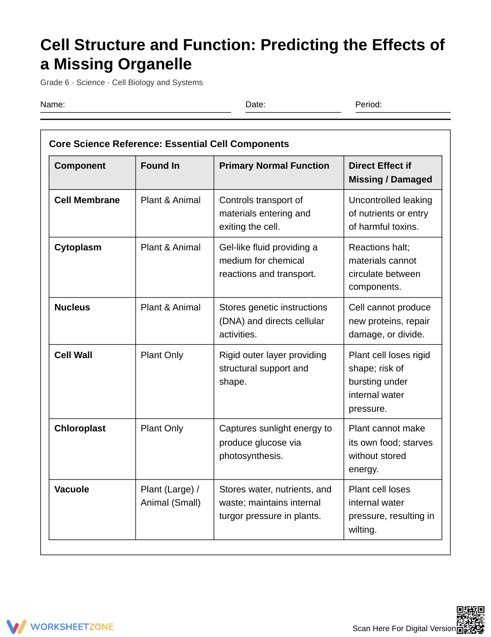 Essential Missing Cell Function Worksheet | Grade 6 Science - Page 1