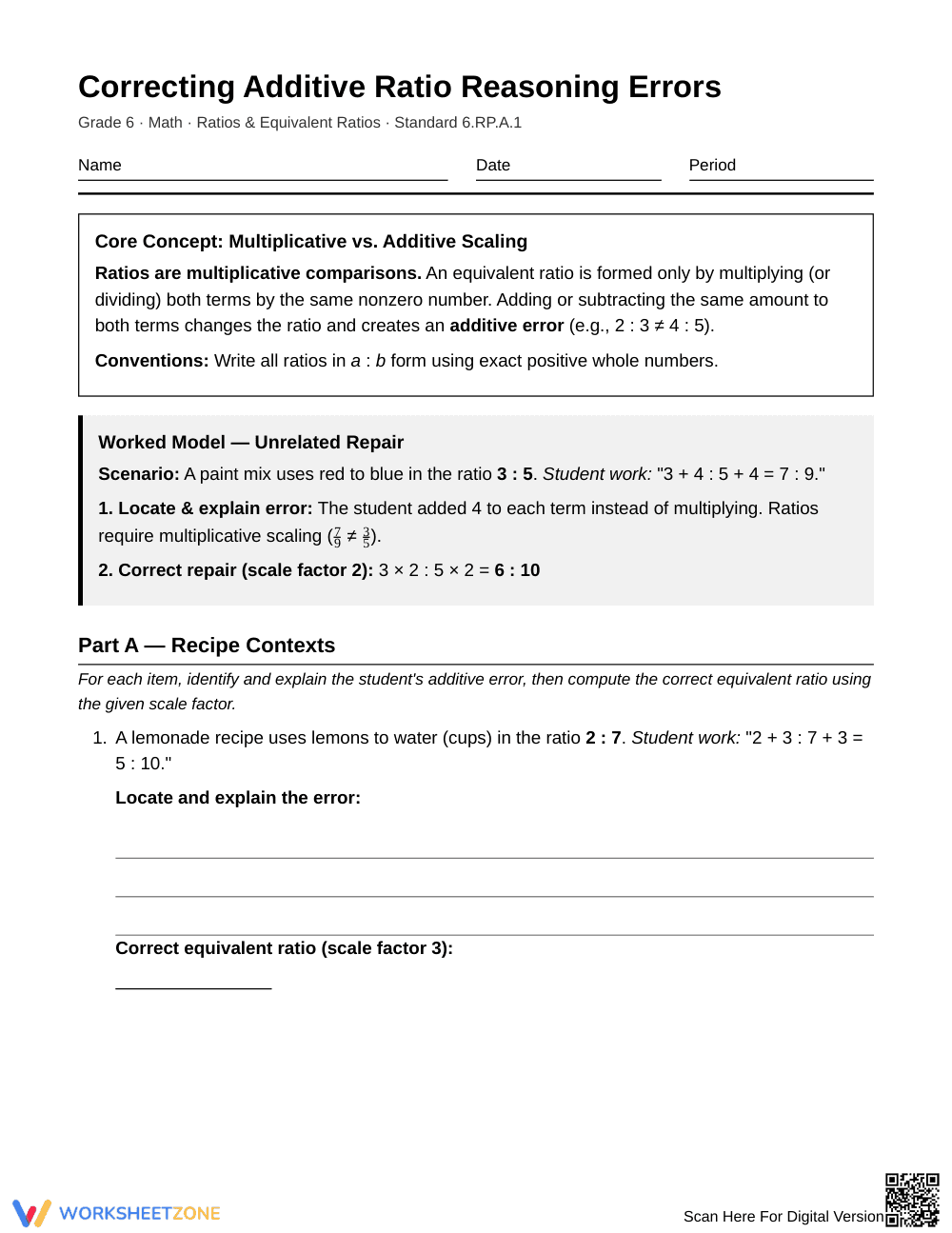 Complete Additive Ratio Reasoning Worksheet | Grade 6 Math - Page 1