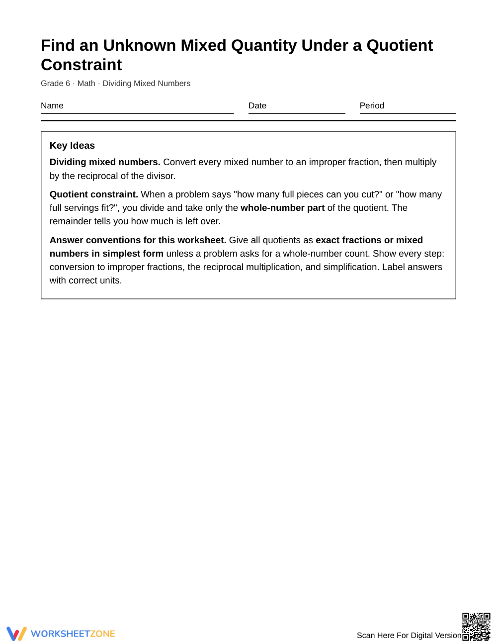 Essential Mixed Number Constraints Worksheet | Grade 6 Math - Page 1