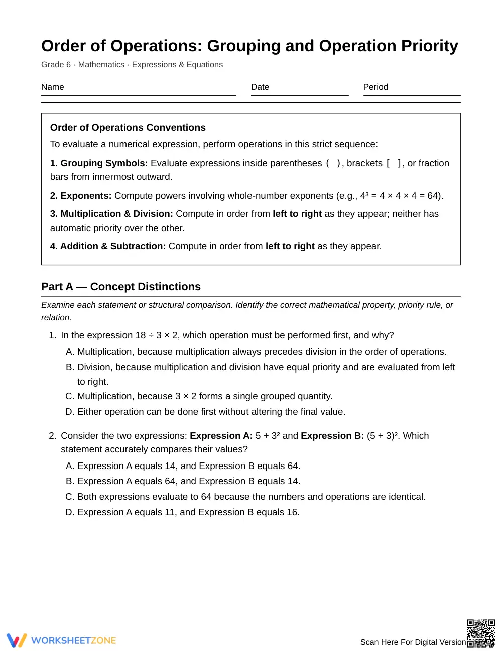 Essential Order of Operations Worksheet | Grade 6 Math - Page 1
