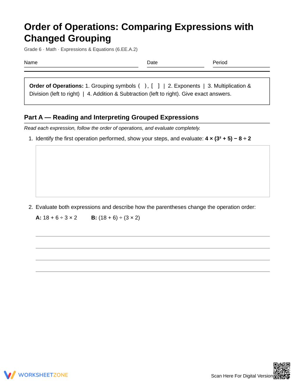 Complete Grouped Expressions Worksheet | Grade 6 Math - Page 1