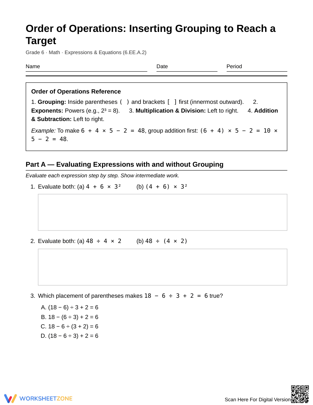 Printable Grouping Symbols Worksheet | Grade 6 Math - Page 1