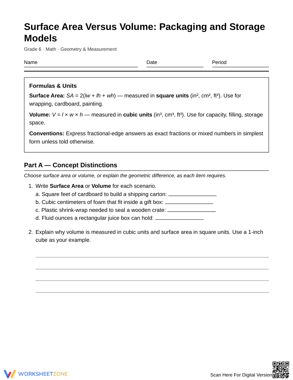 Complete Surface Area vs Volume Worksheet | Grade 6 Math - Page 1