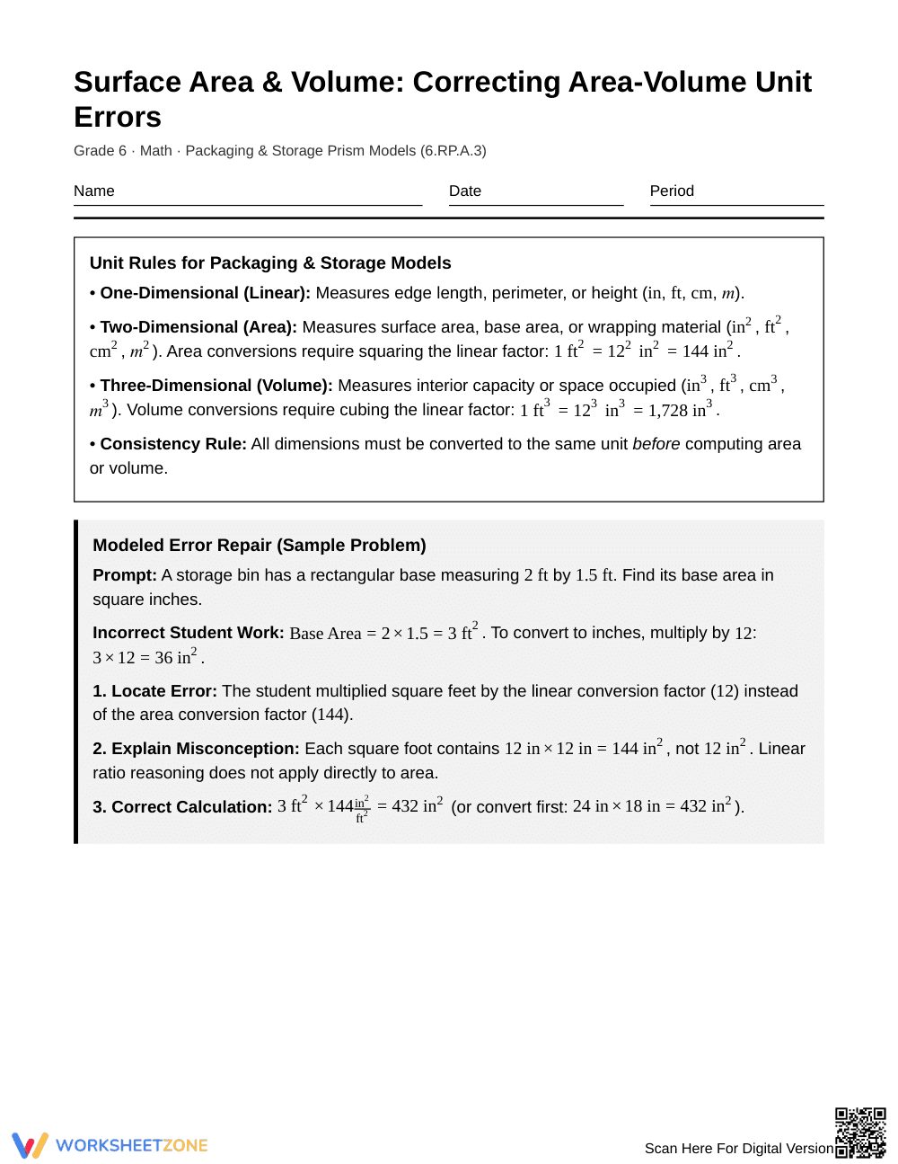 Essential Area & Volume Unit Errors Worksheet | Grade 6 Math - Page 1