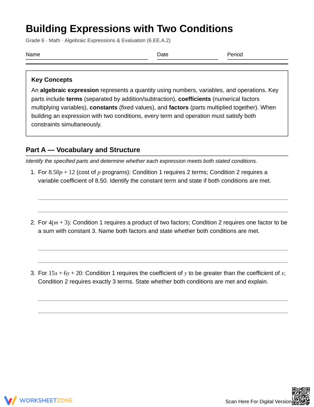 Complete Two-Condition Expressions Worksheet | Grade 6 Math - Page 1