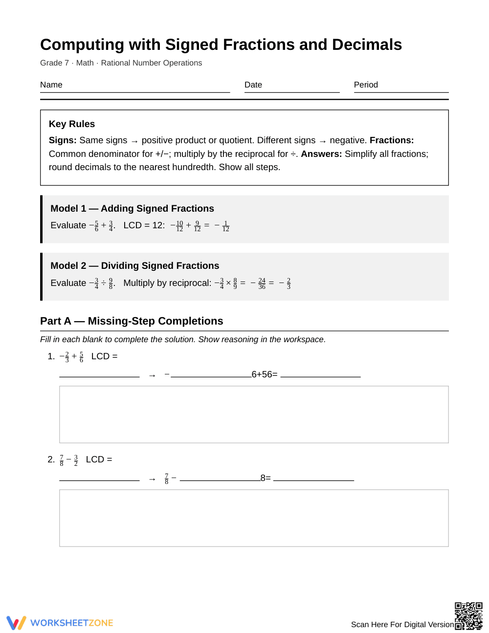 Essential Signed Fractions Worksheet | Grade 7 Math - Page 1