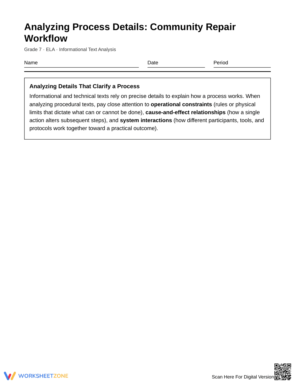Essential Process Details Worksheet | Grade 7 ELA - Page 1