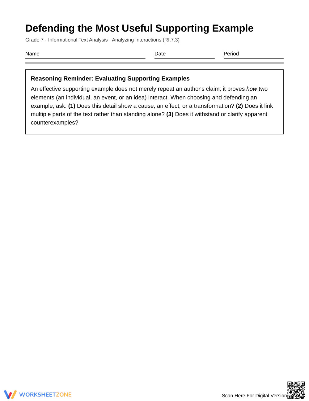 Essential Supporting Examples Worksheet | Grade 7 ELA - Page 1