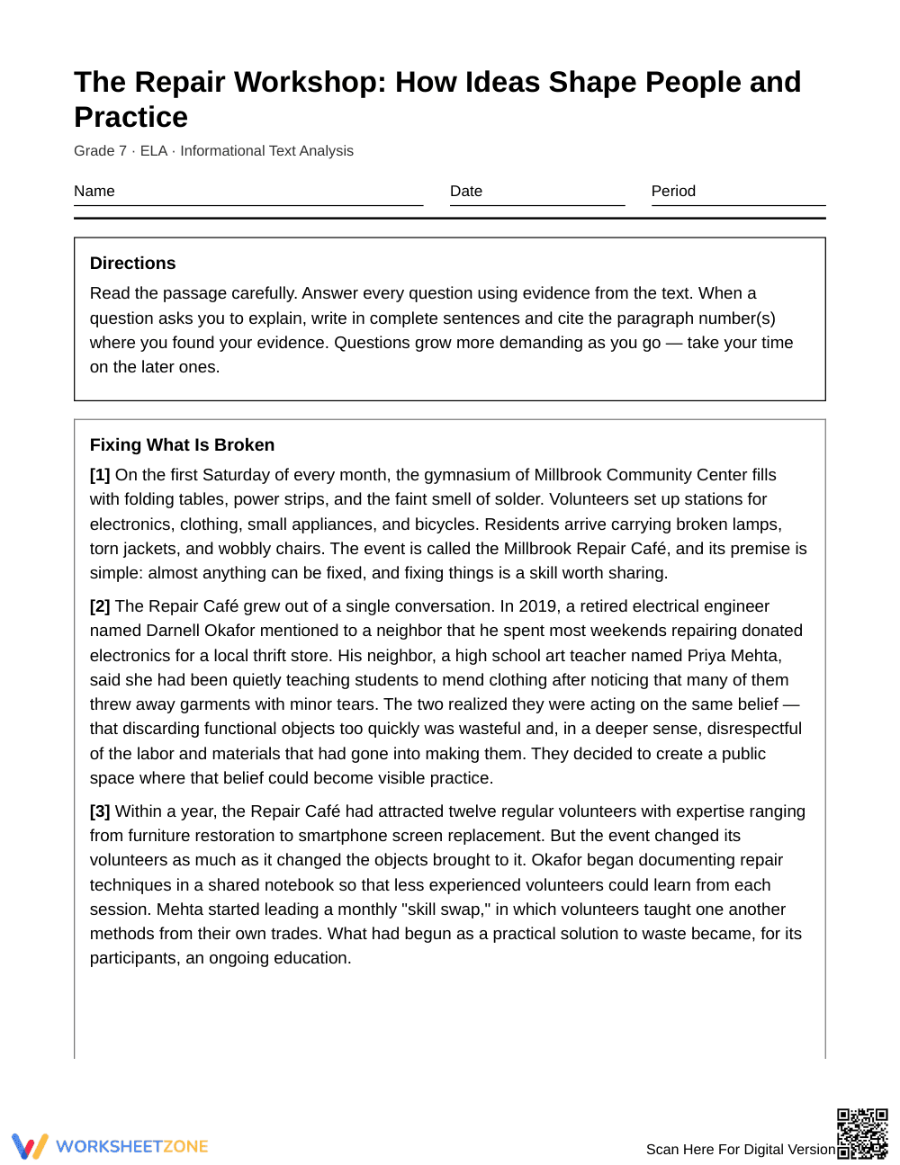 Essential Idea Development Worksheet | Grade 7 ELA - Page 1