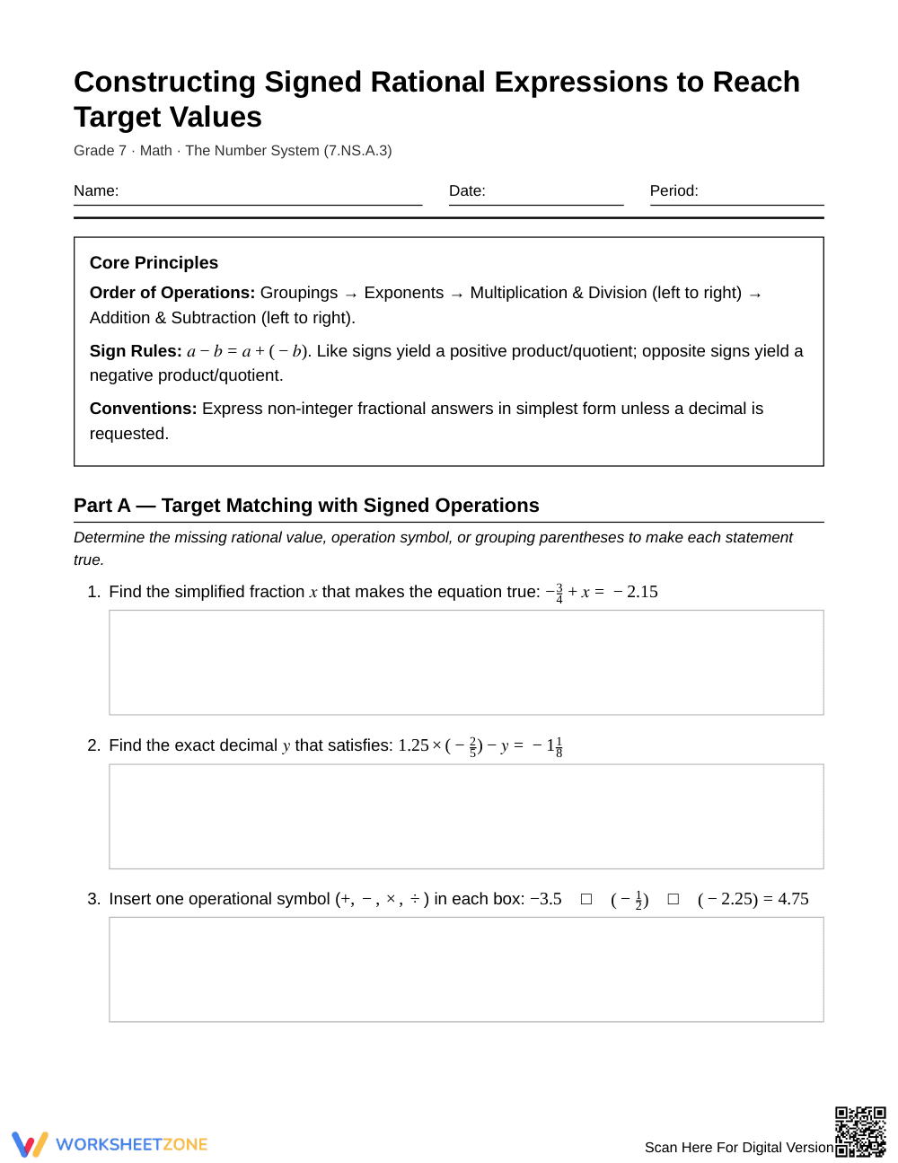 Complete Signed Expressions Worksheet | Grade 7 Math - Page 1