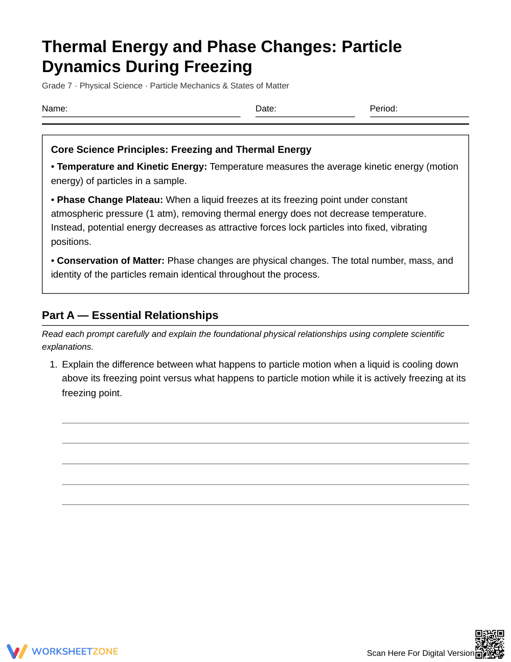 Printable Particle Changes Freezing Worksheet | Grade 7 - Page 1