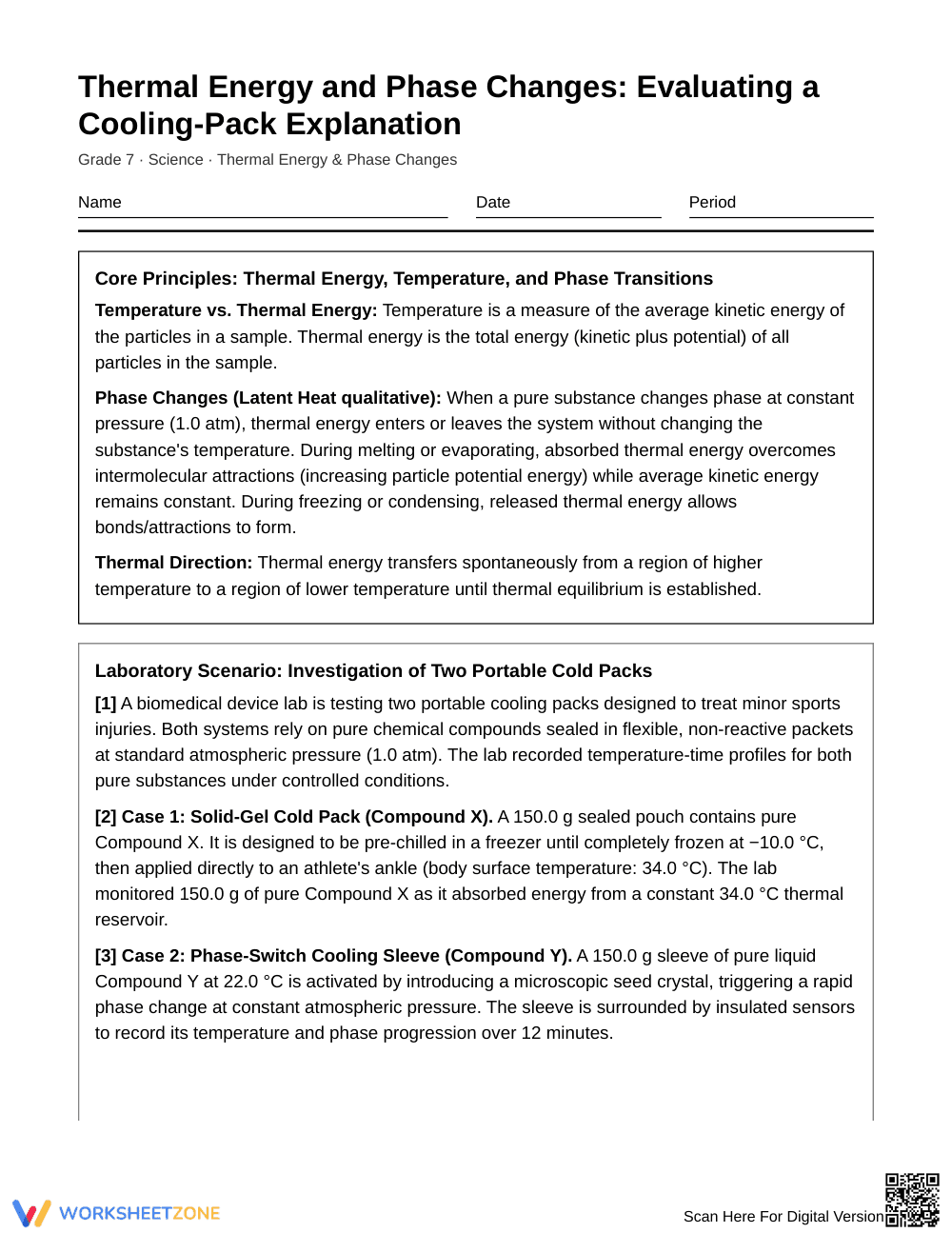 Essential Cooling-Pack Analysis Worksheet | Grade 7 Science - Page 1
