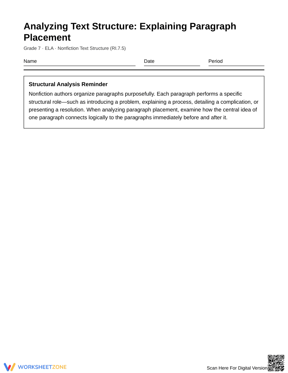 Printable Paragraph Placement Worksheet | Grade 7 ELA - Page 1