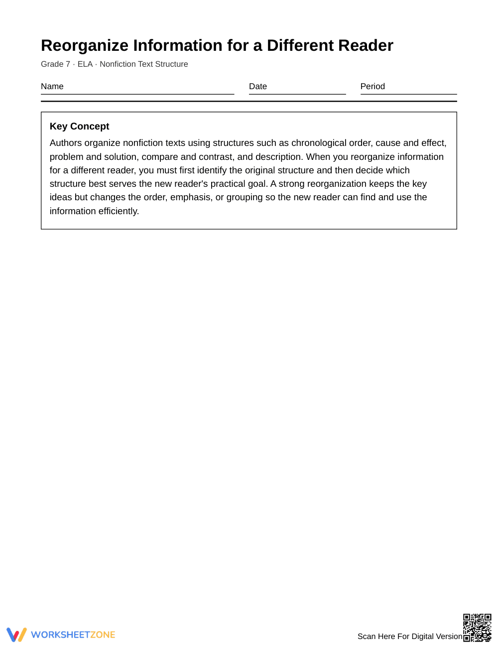 Essential Text Reorganization Worksheet | Grade 7 ELA - Page 1