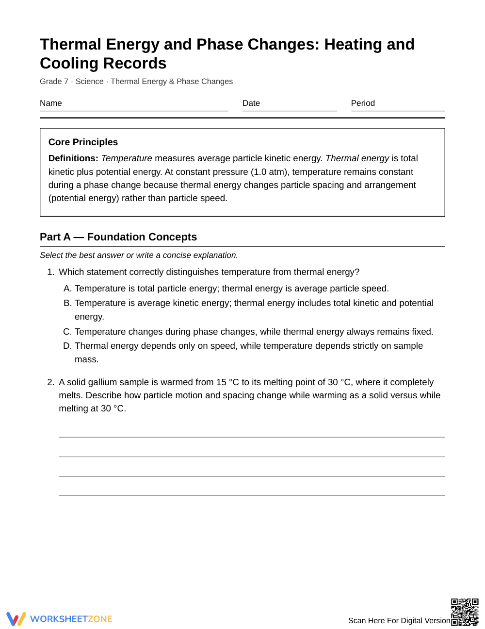Essential Thermal Phase Changes Worksheet | Grade 7 Science - Page 1