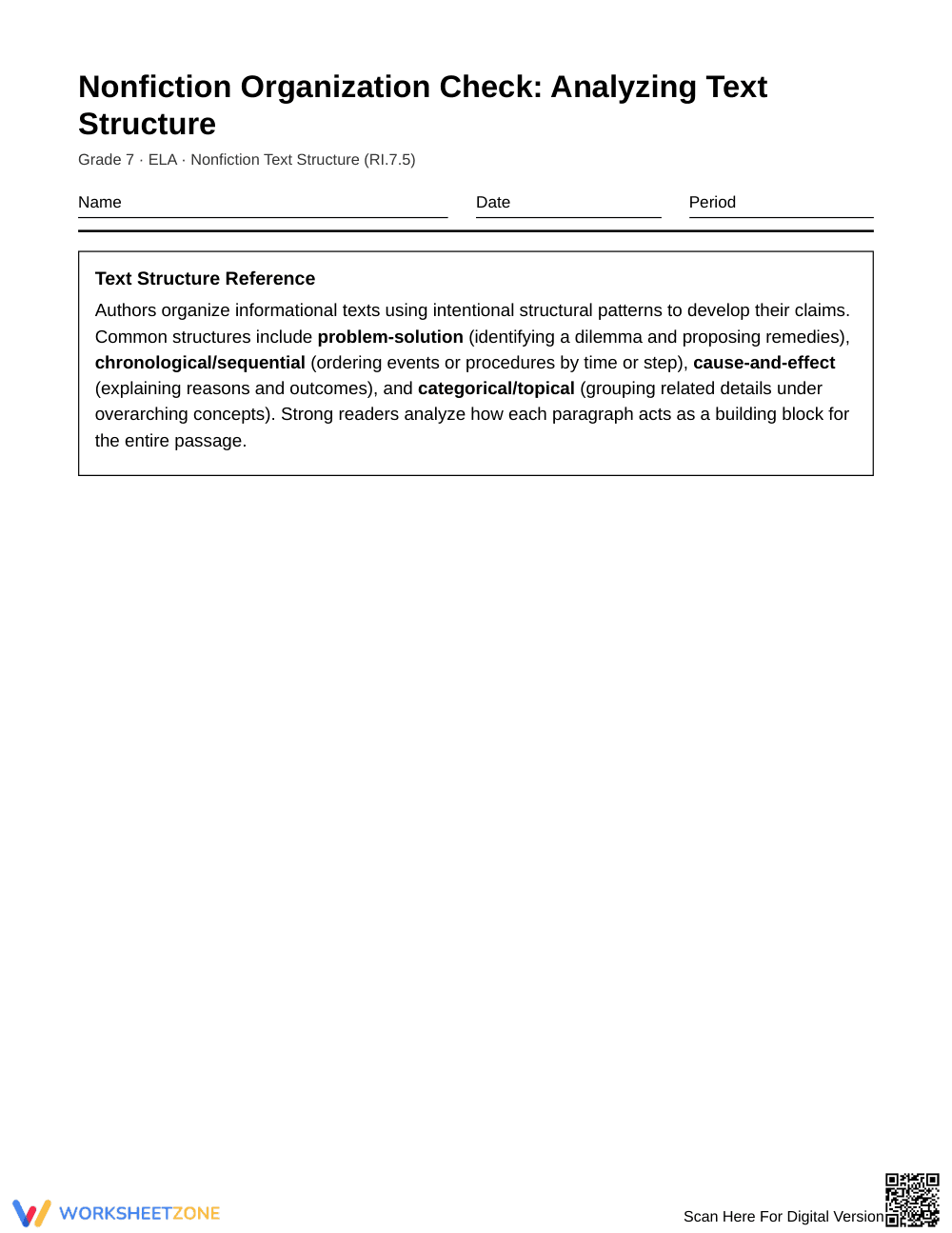 Complete Nonfiction Text Structure Worksheet | Grade 7 ELA - Page 1