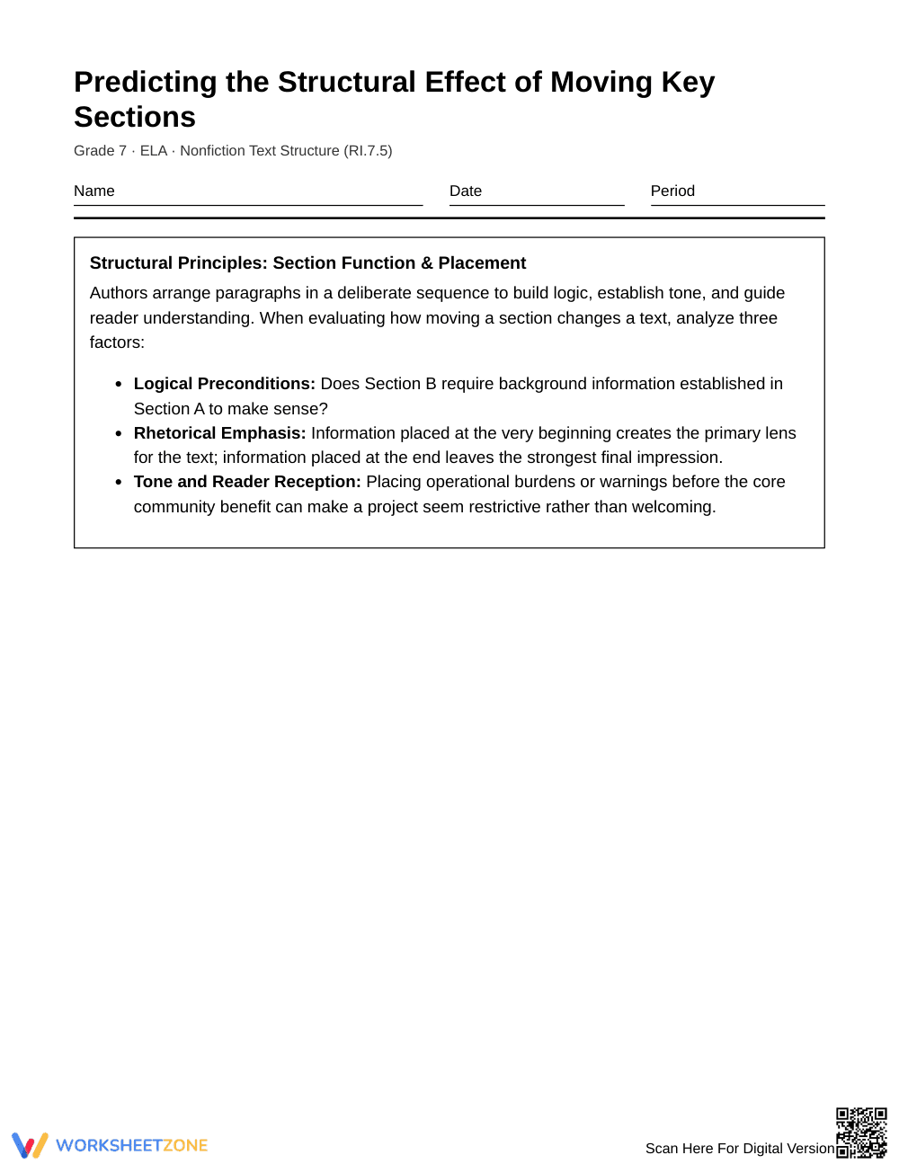 Complete Moving Key Sections Worksheet | Grade 7 ELA - Page 1