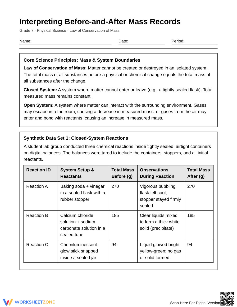 Complete Mass Records Worksheet | Grade 7 Science - Page 1