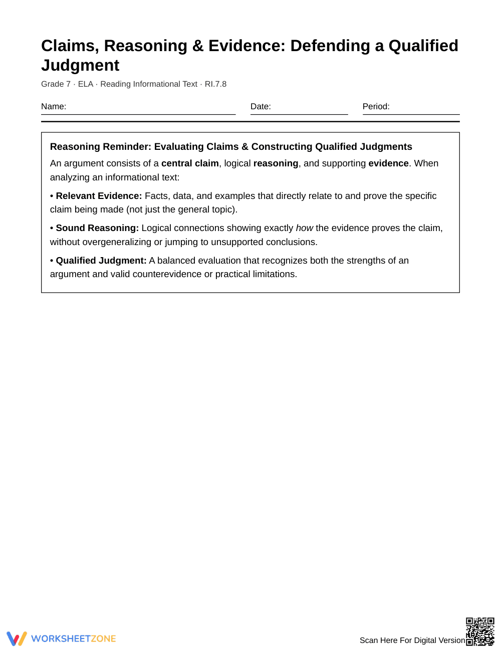 Complete Qualified Judgment Worksheet | Grade 7 ELA - Page 1