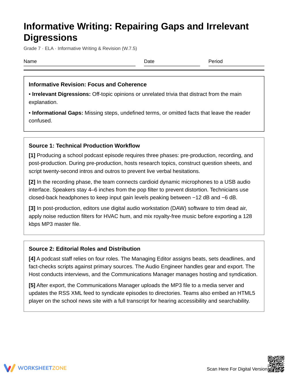 Complete Repair Gaps & Digressions Worksheet | Grade 7 ELA - Page 1