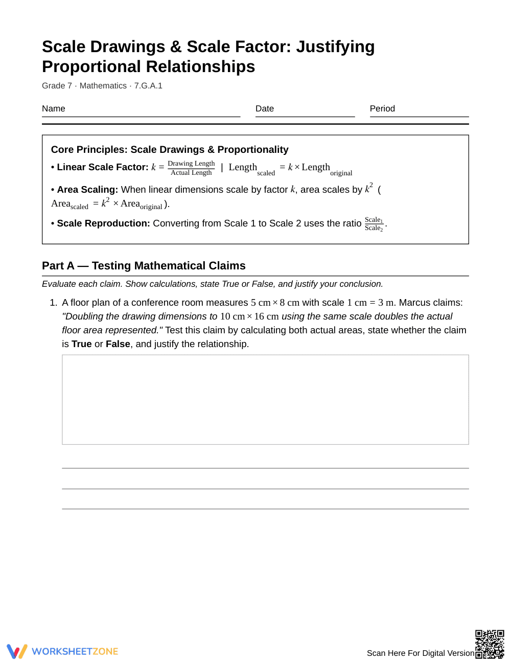 Essential Scale Factor Reasoning Worksheet | Grade 7 Math - Page 1
