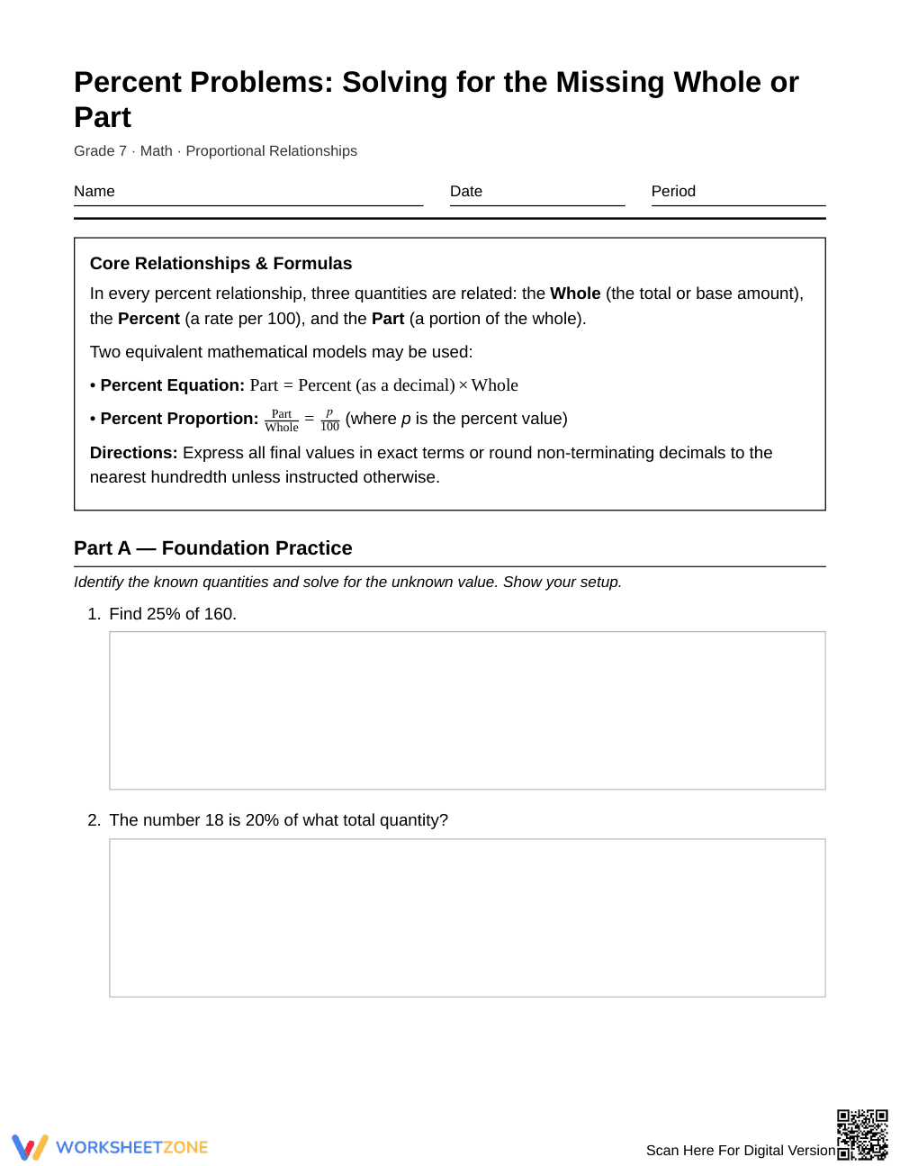 Complete Missing Whole or Part Worksheet | Grade 7 Math - Page 1
