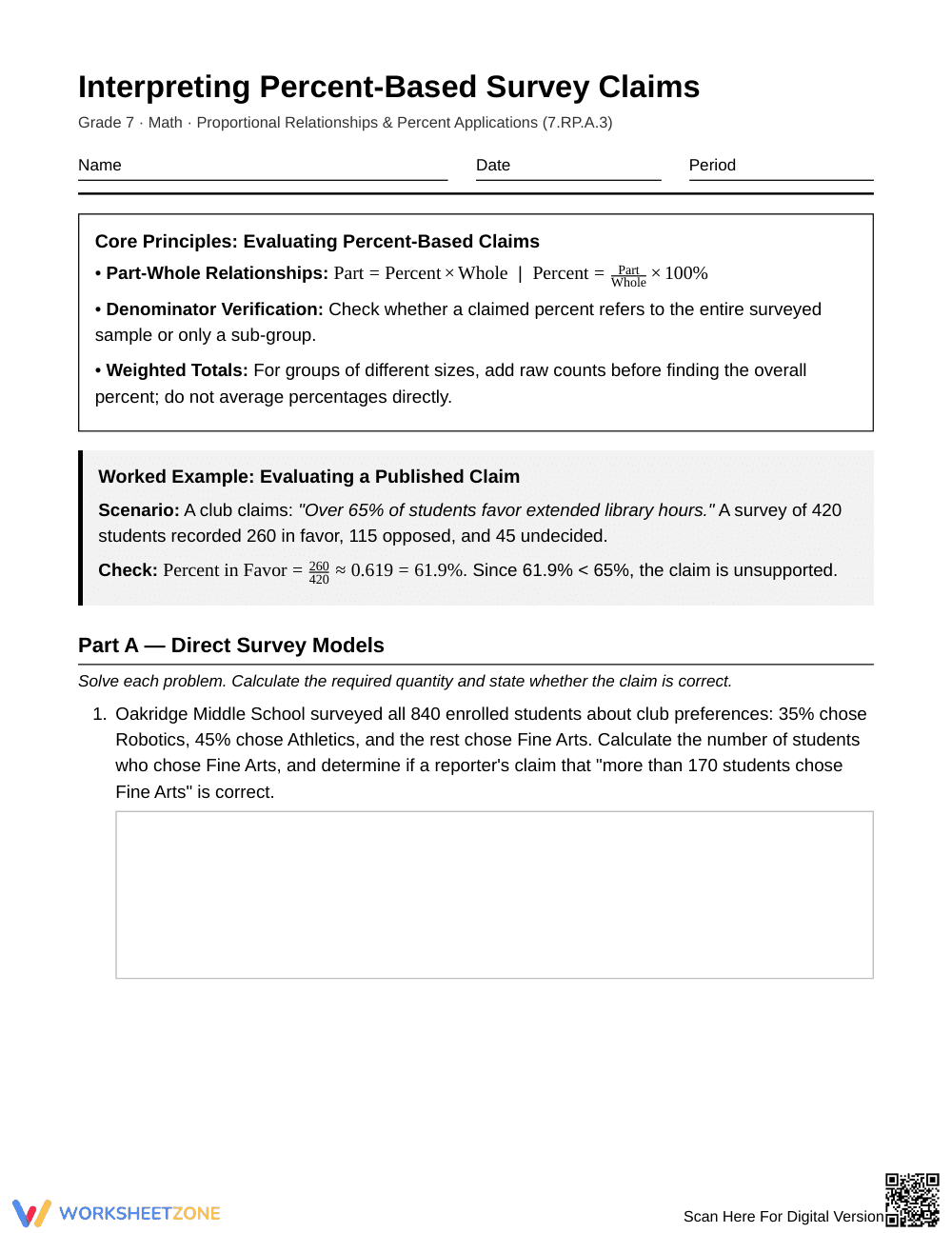 Essential Percent Survey Claims Worksheet | Grade 7 Math - Page 1