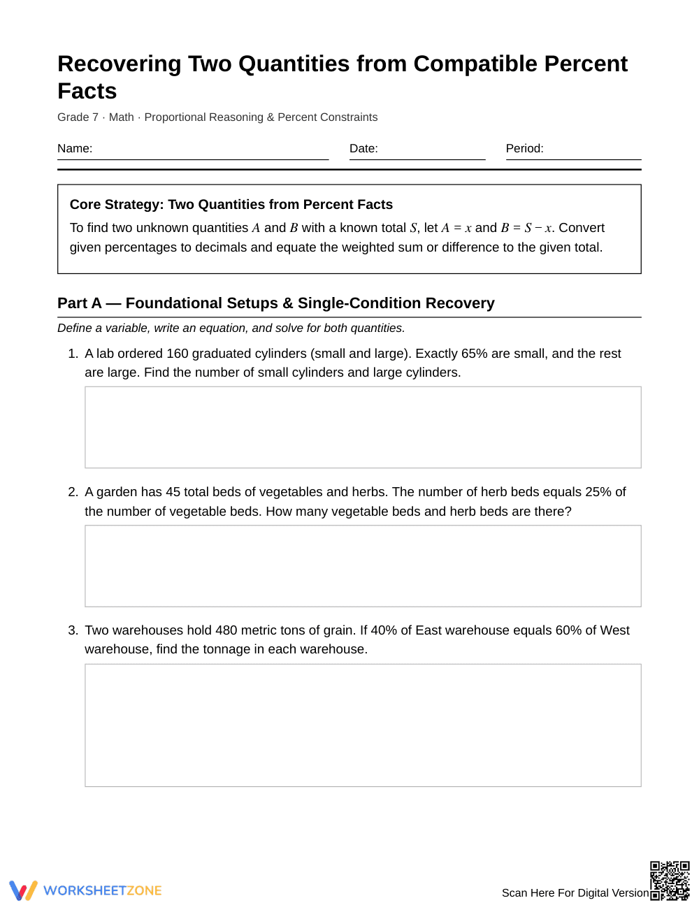 Complete Quantities from Percents Worksheet | Grade 7 Math - Page 1