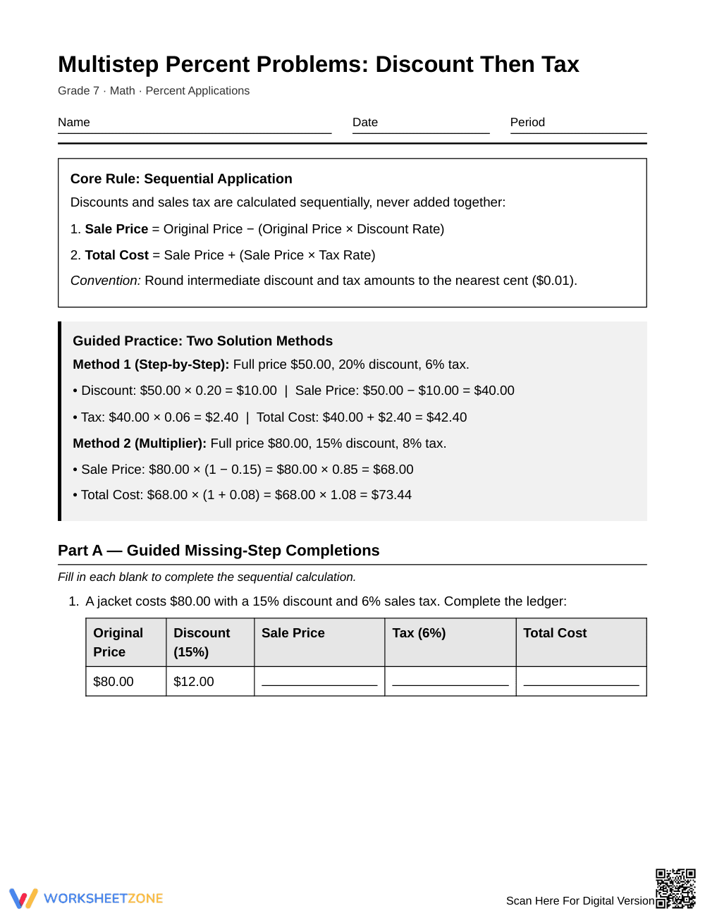 Printable Discount Then Tax Worksheet | Grade 7 Math - Page 1
