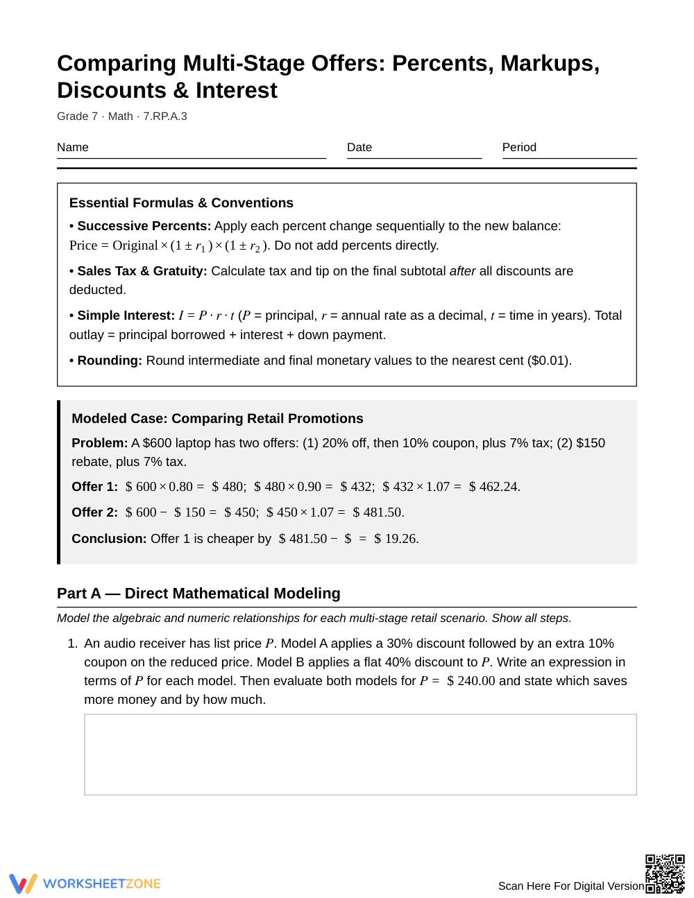 Complete Multi-Stage Offers Worksheet | Grade 7 Math - Page 1