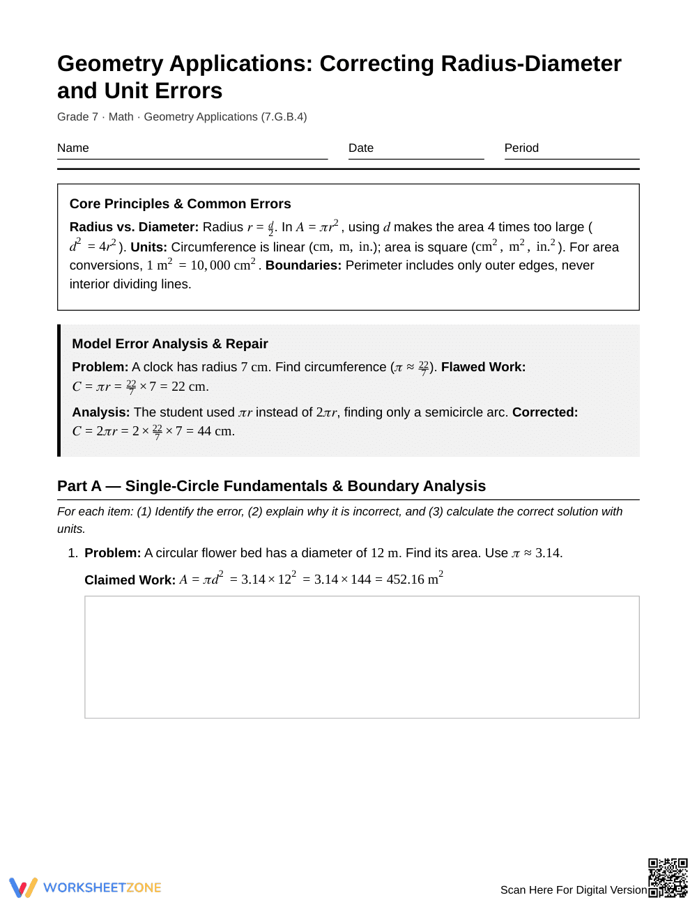 Essential Radius & Diameter Errors Worksheet | Grade 7 Math - Page 1