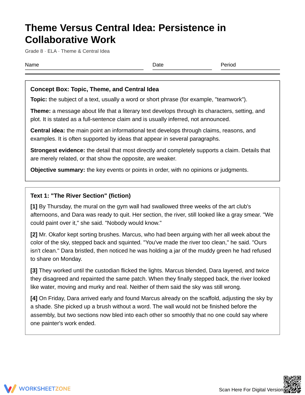 Printable Theme vs. Central Idea Worksheet | Grade 8 ELA - Page 1
