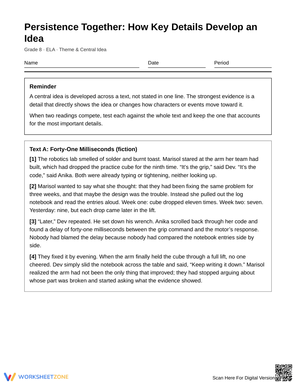 Printable Key Details Develop Ideas Worksheet | Grade 8 ELA - Page 1