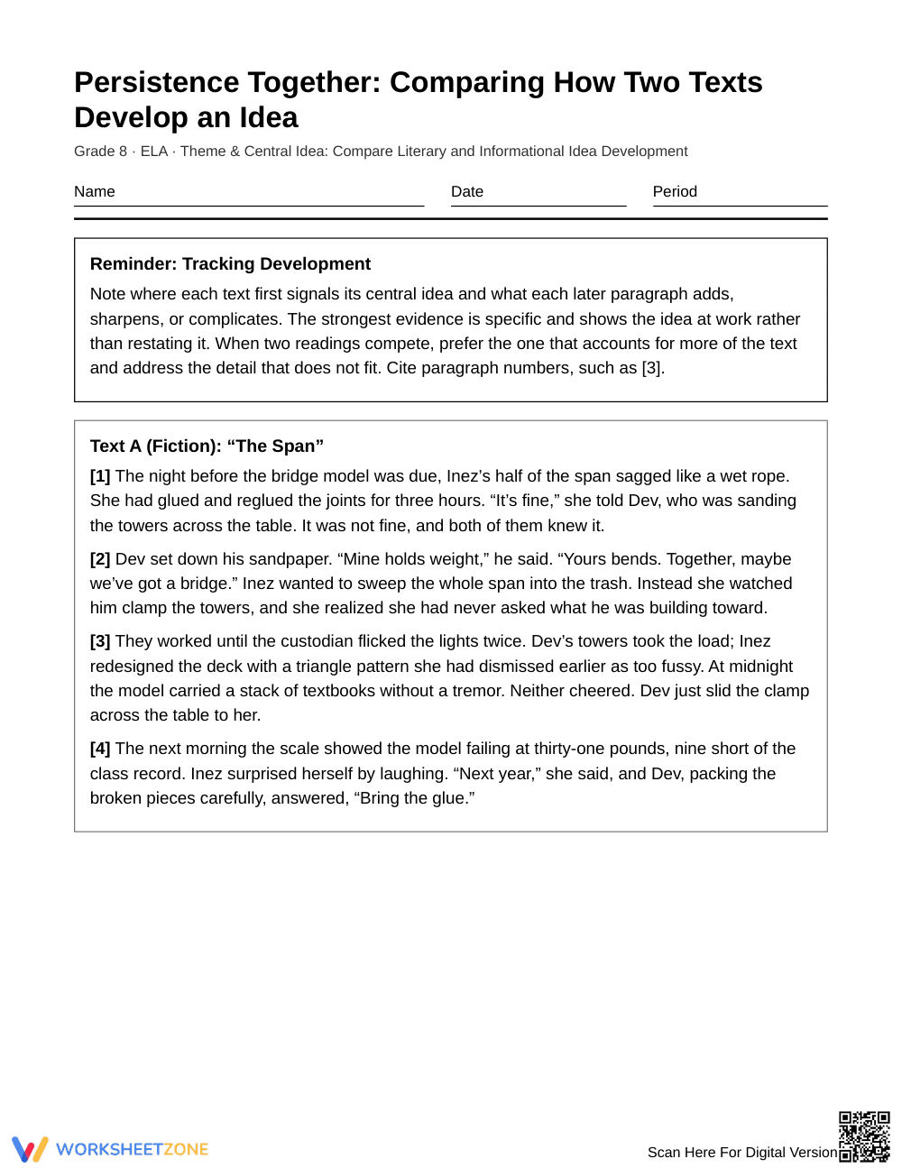 Printable Idea Development Worksheet | Grade 8 ELA - Page 1