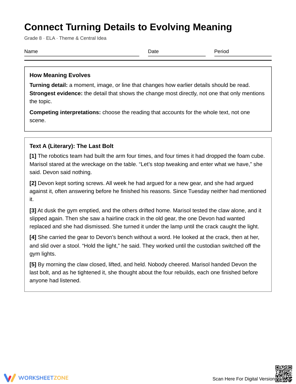 Printable Turning Details & Meaning Worksheet | Grade 8 ELA - Page 1