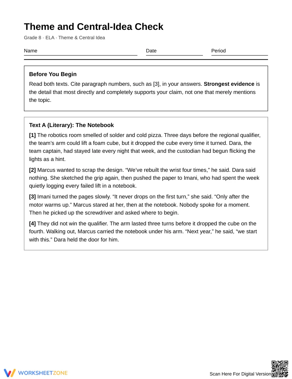 Printable Theme & Central Idea Worksheet | Grade 8 ELA - Page 1