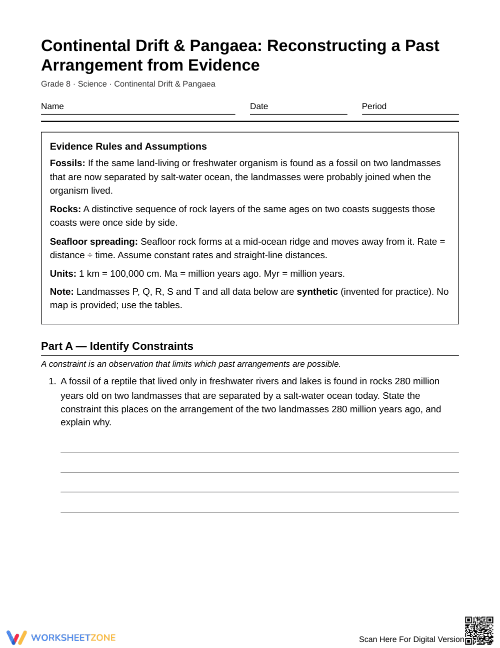 Printable Pangaea Evidence Worksheet | Grade 8 Science - Page 1