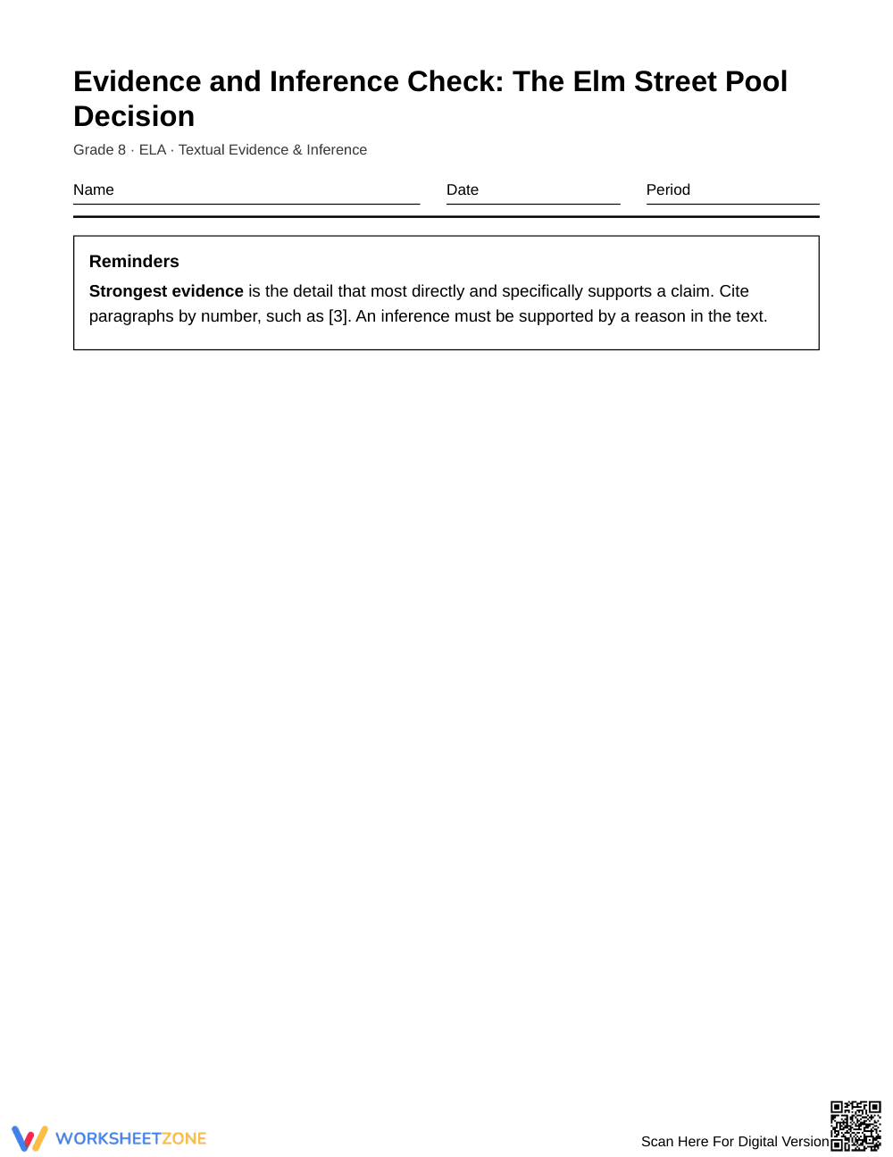 Printable Evidence & Inference Worksheet | Grade 8 ELA - Page 1