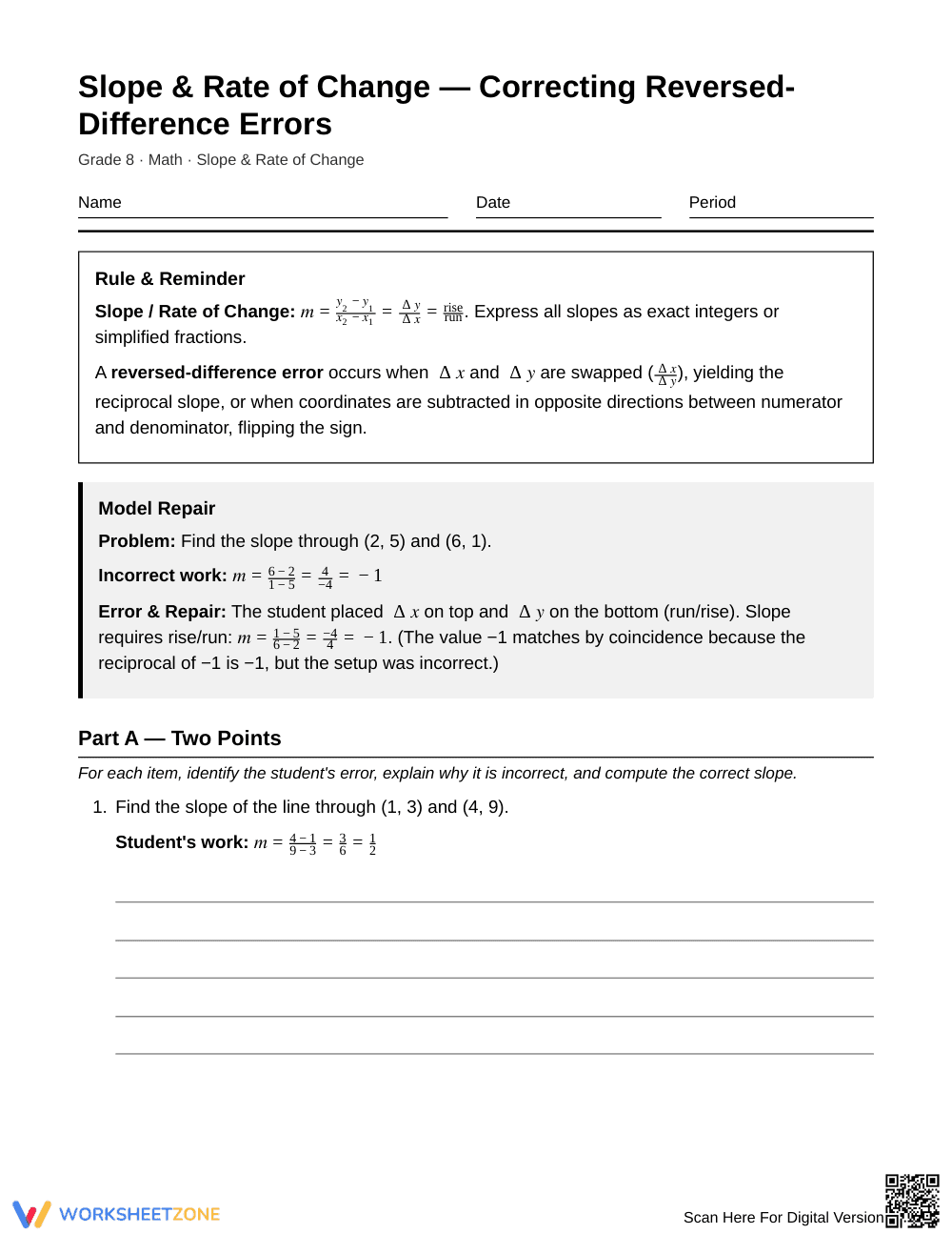 Essential Slope Error Analysis Worksheet | Grade 8 Math - Page 1